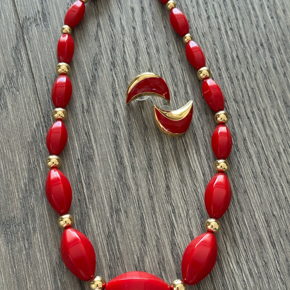 Red & Gold Necklace Earrings Set Statement Jewelry